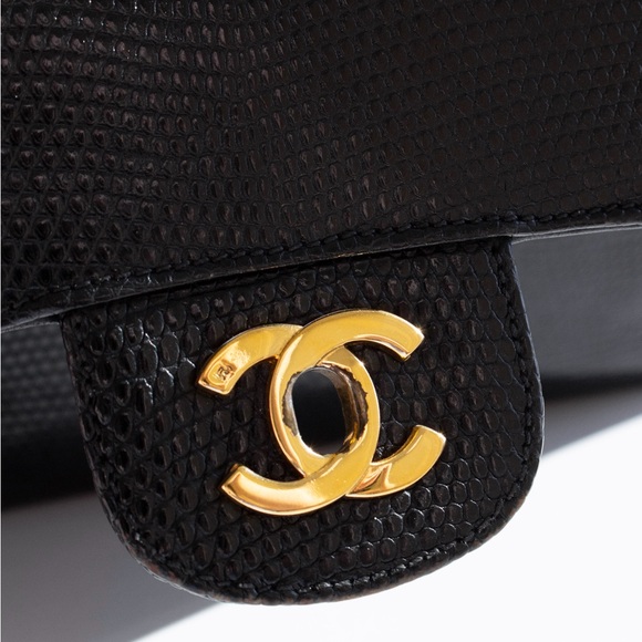 Chanel Vintage Small Classic Flap Exotic Lizard Leather 24K Gold CC Black Bag - Picture 11 of 16